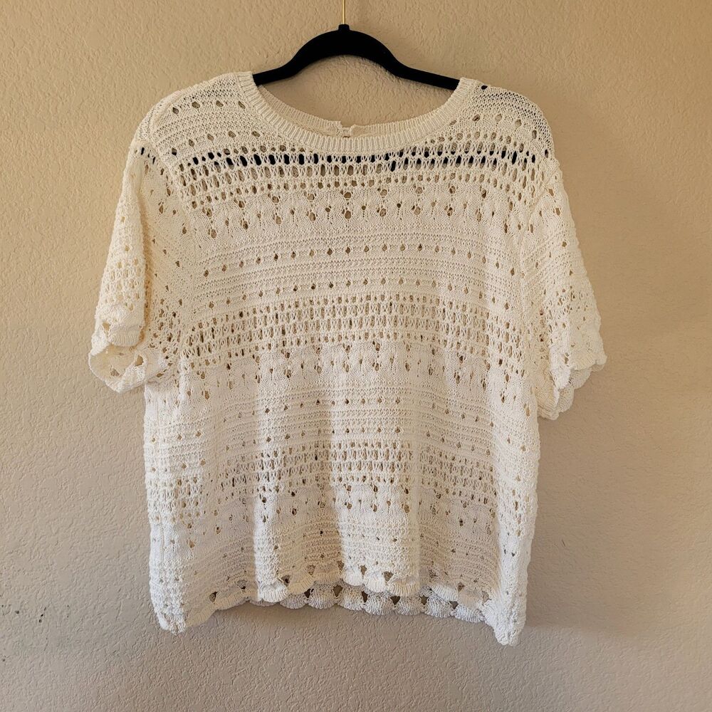 Open Crochet Short Sleeve Top XL White Cotton Coastal Cottagecore Boho Festival